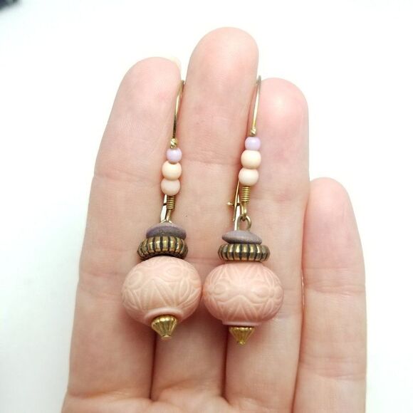 Vintage Light Pink Beaded Dangle Earrings, Boho Pastel Style Design, Estate - Picture 5 of 5